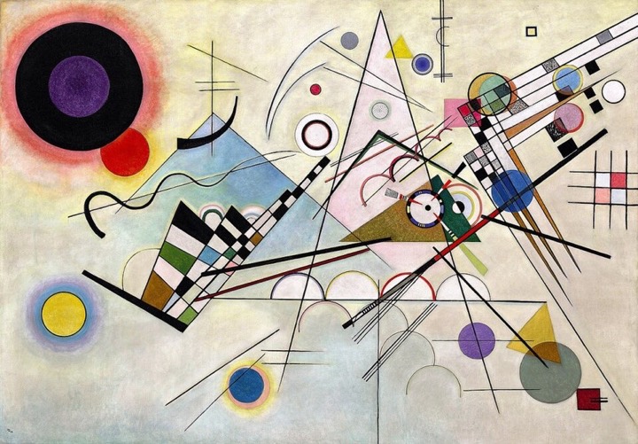 Composition 8 by Vasily Kandinsky: circles, lines and triangles in bright colors on a pale ground