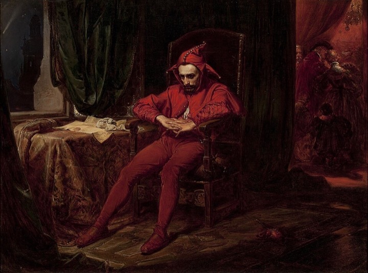Jan Matejko's Stańczyk: a jester slumped in a chair in a dim room while a ball goes on in the next