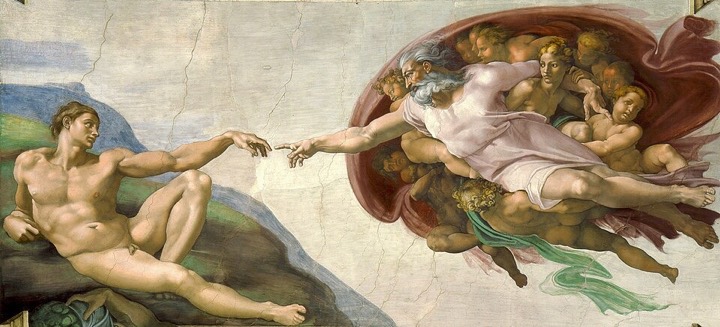 Michelangelo's Creation of Adam: God reaching toward Adam's outstretched hand
