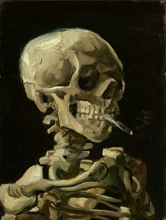 Vincent van Gogh's painting of a skeleton's skull with a lit cigarette between its teeth, on a dark ground