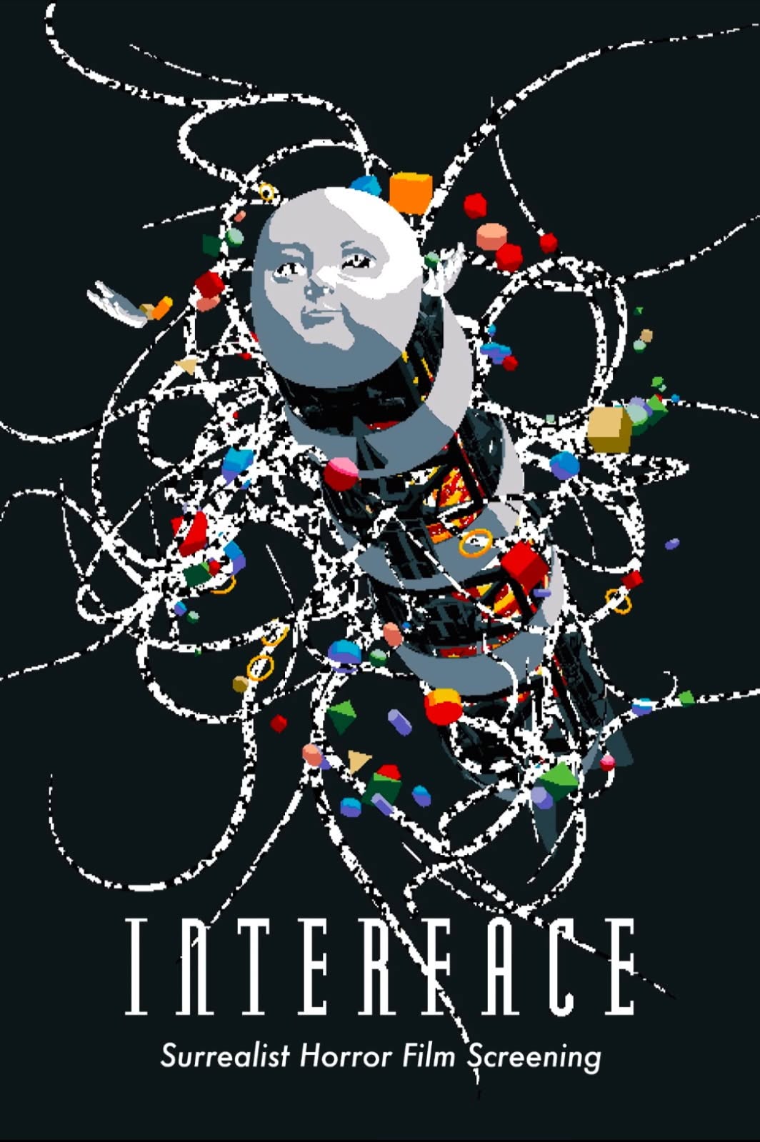 The second Interface poster: a grey figure wound in white threads and bright shapes on black, Surrealist Horror Film Screening